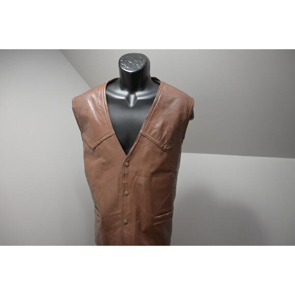 Duke Haband Leather Snap Button Biker Vest Jacket Brown Mens Size XL - Picture 1 of 8